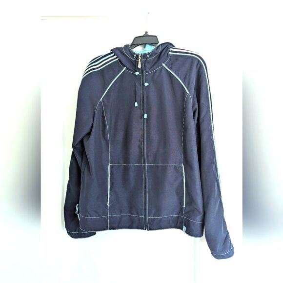 Fuda Womens Jacket Large Navy Blue Microfiber Softshell Coat Windbreaker Stripes - Picture 1 of 6